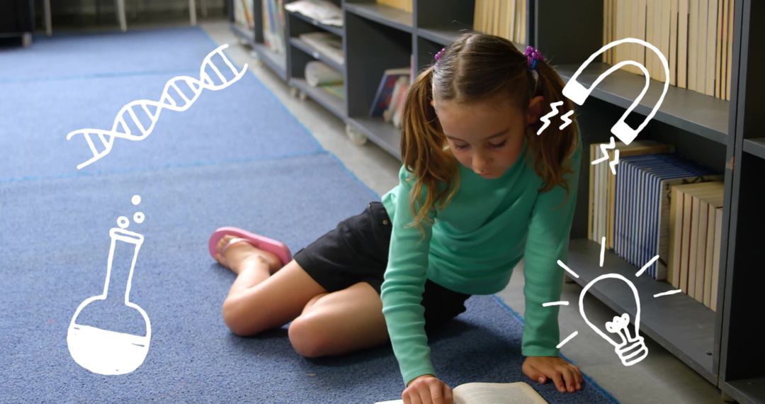 Curious Schoolgirl Engaged in Science in Library