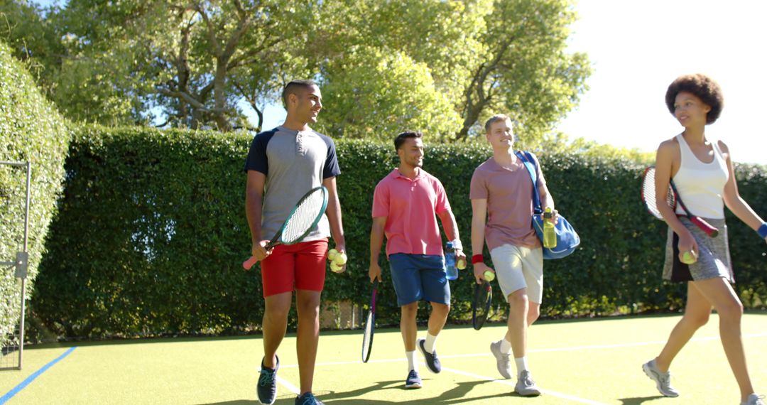 Group of Young Friends Enjoying Tennis Outside Smiling - Free Images, Stock Photos and Pictures on Pikwizard.com