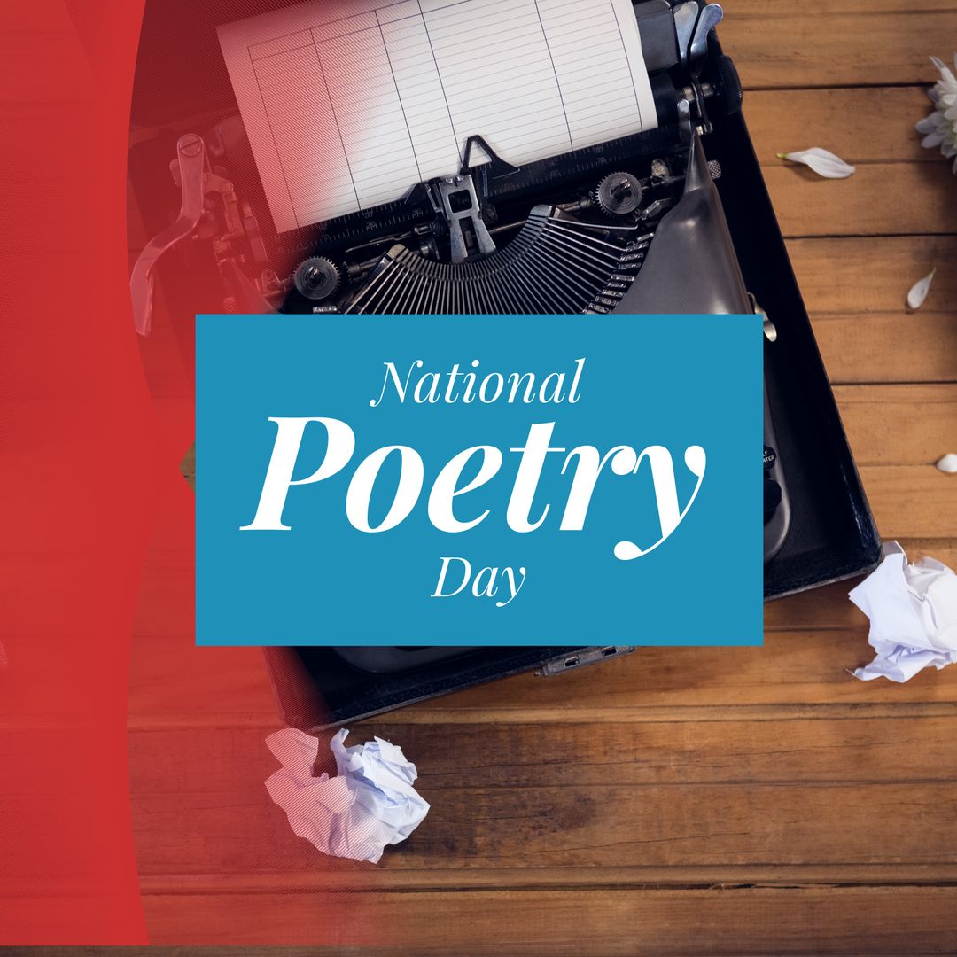 National Poetry Day Celebration with Typewriter and Flowers