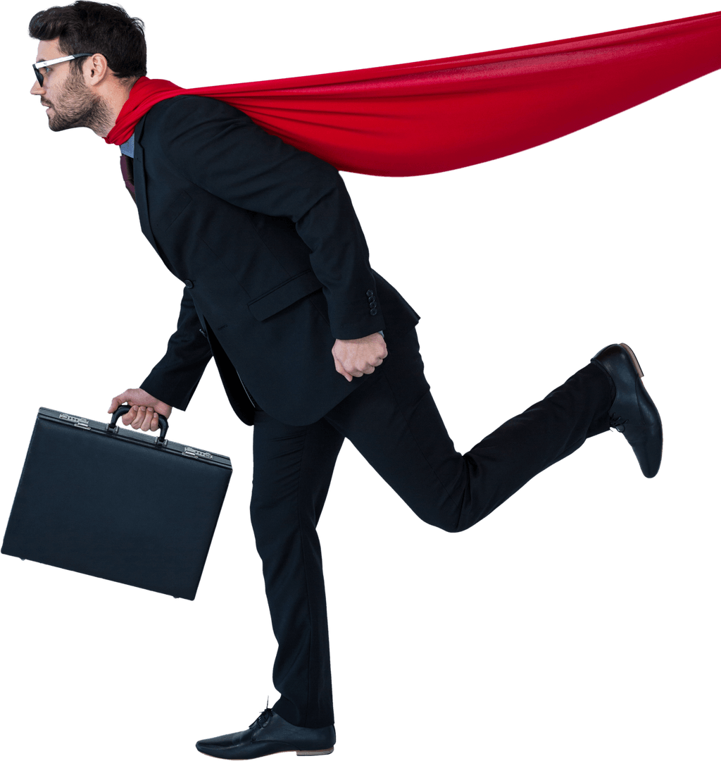 Transparent Businessman with Red Cape Rushing Forward