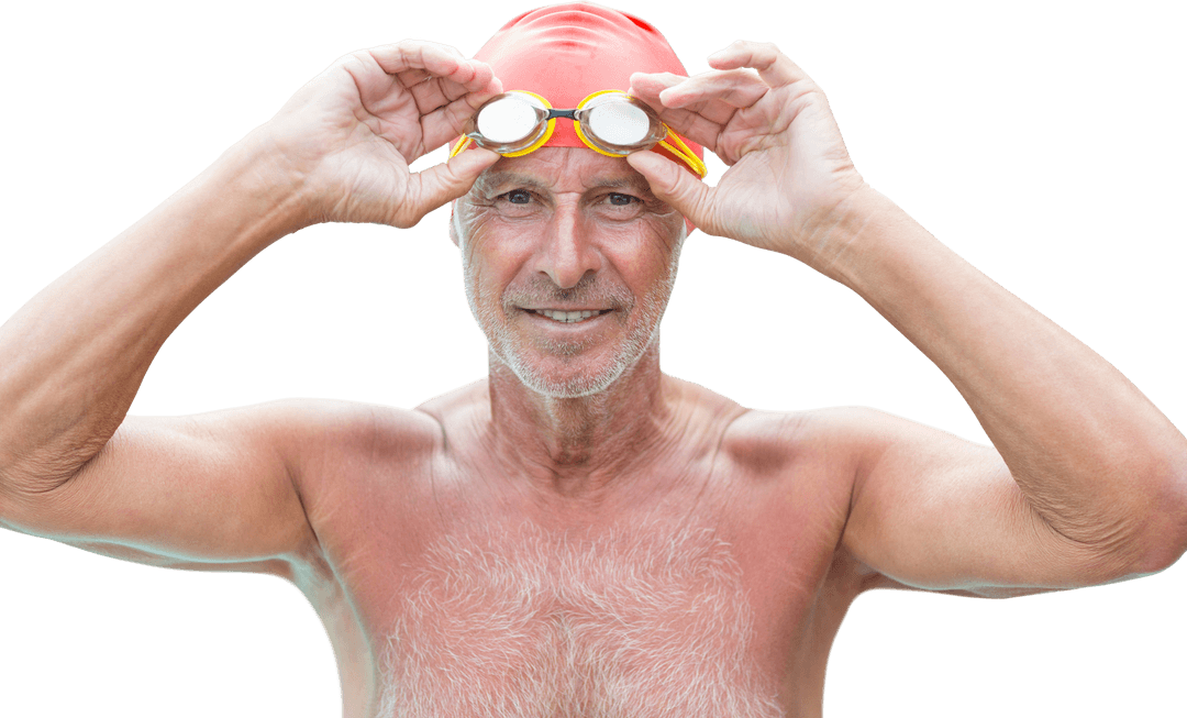 Senior Man Adjusting Swimming Goggles on Transparent Background