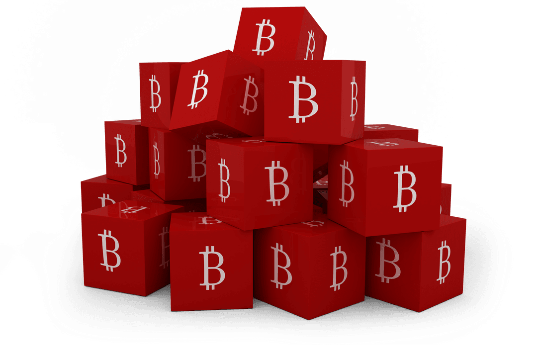 Transparent Pyramid of Red Cryptocurrency Cubes with Bitcoin Logo