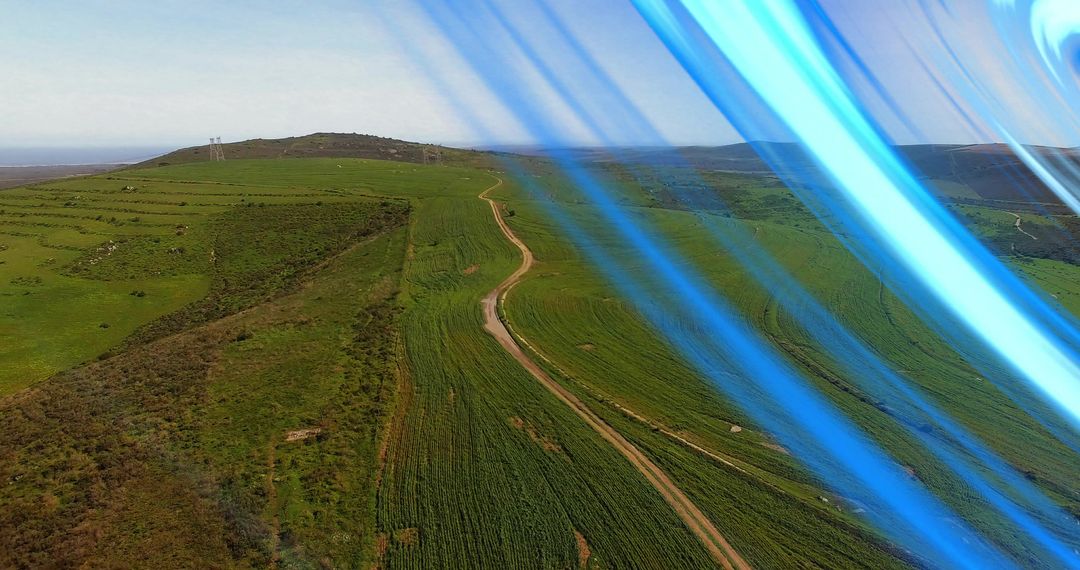 Scenic Countryside with Abstract Blue Light Streaks
