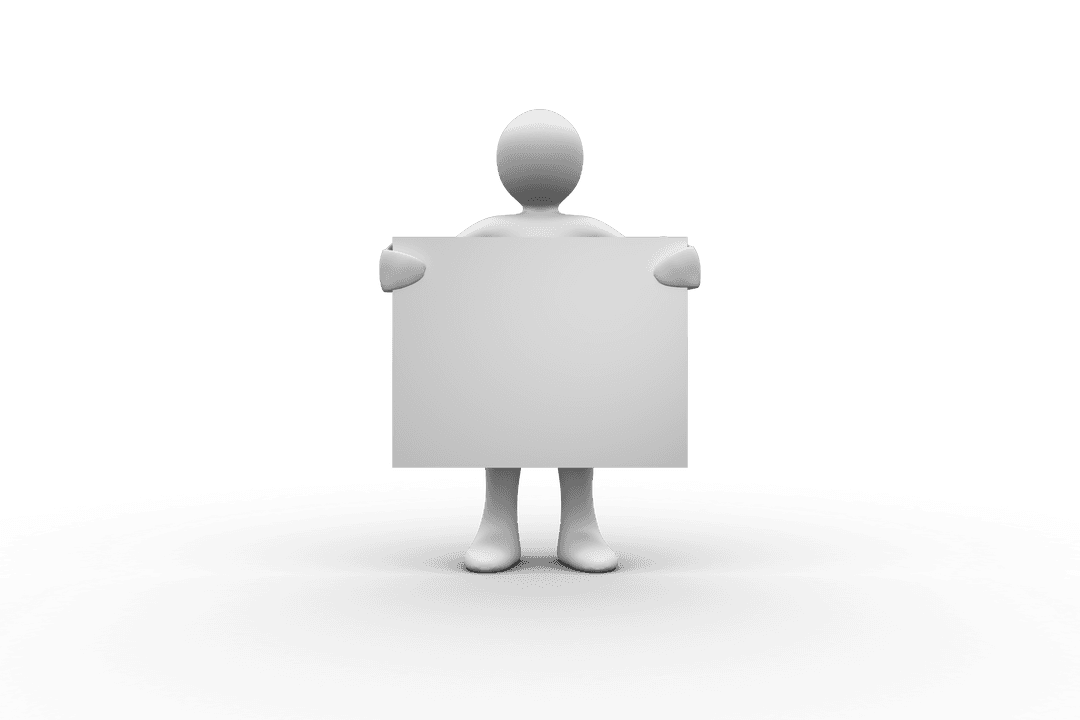 3D Character Holding Blank Sign on Transparent Background