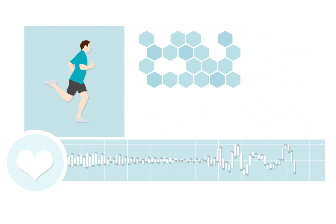 Digital Fitness Tracker Display with Running Man and Heartbeat on Transparent Background