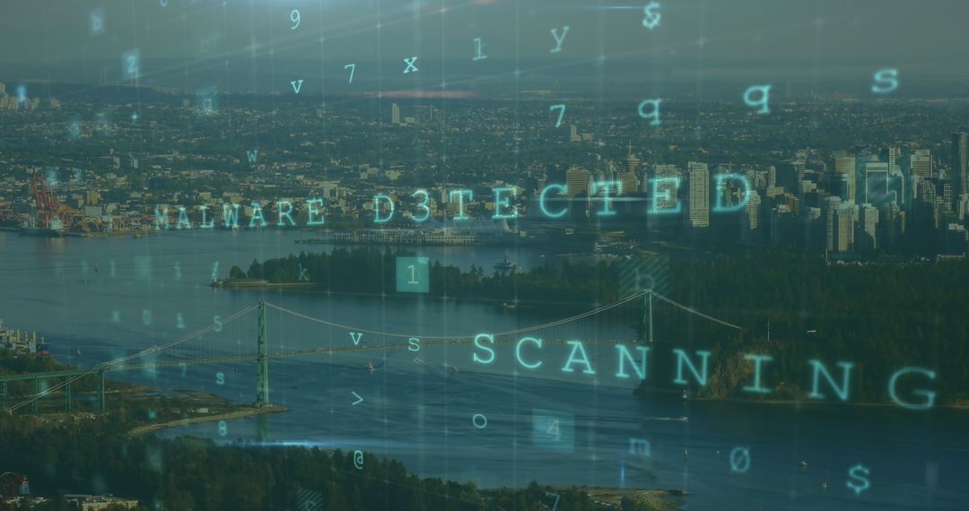 Digital Data Overlays Cityscape Illustrating Cybersecurity Threats