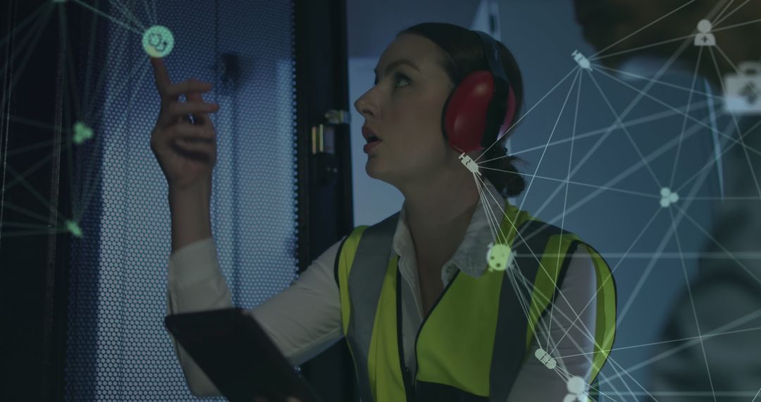 Woman in server room exploring digital network