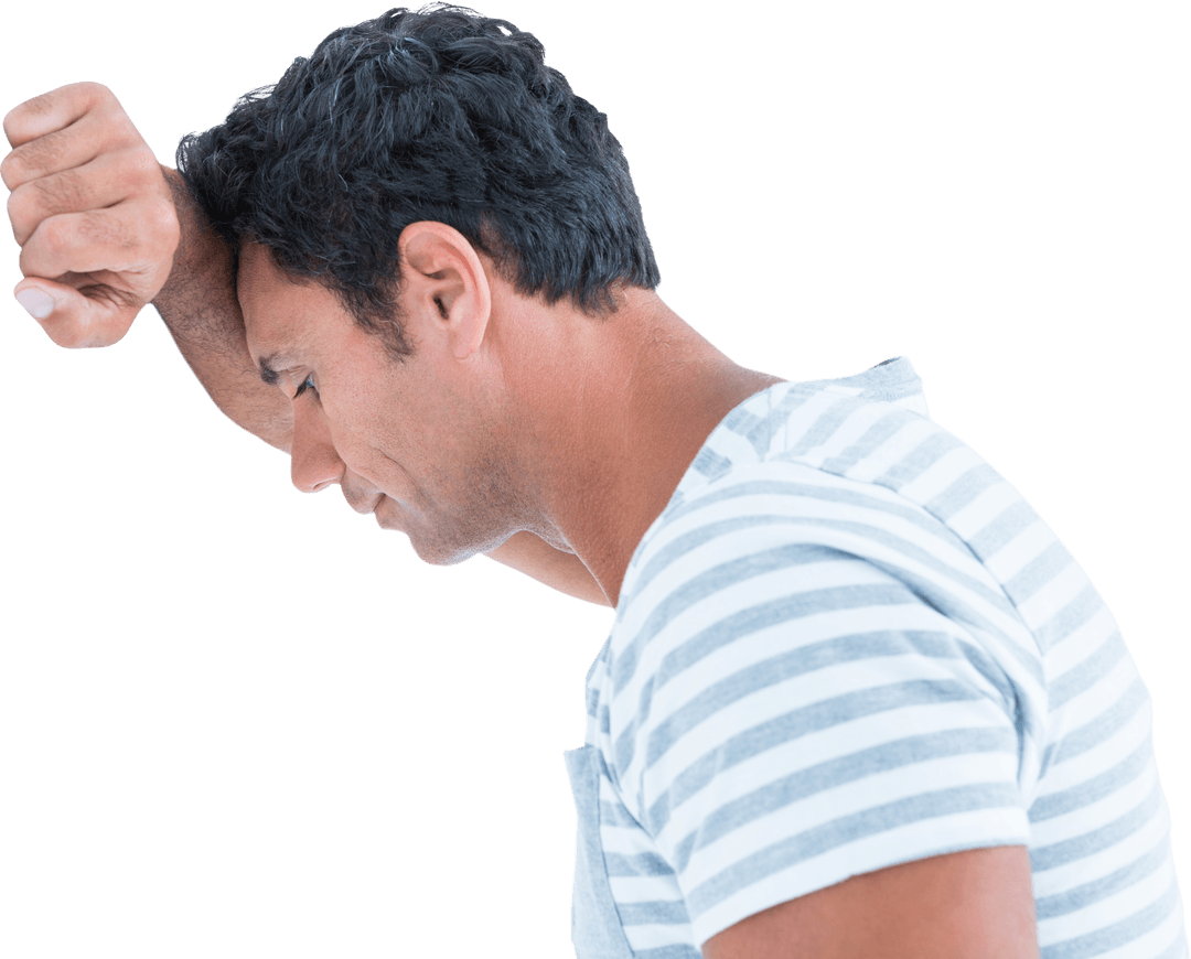 Side View of Upset Man Leaning on Arm Against Transparent Background