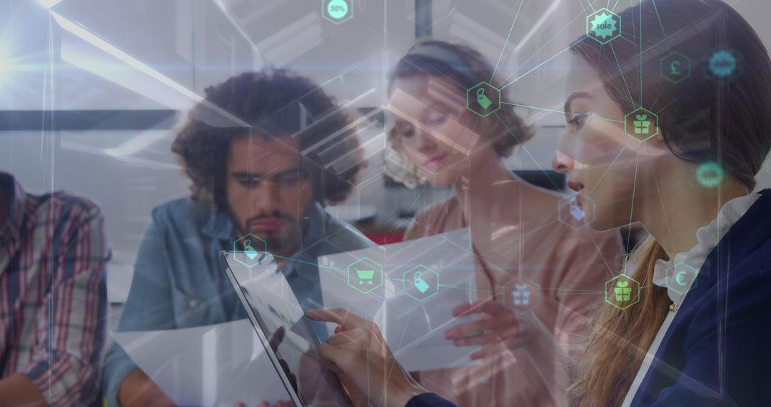 Team Collaboration in Office with Digital Network Concept Overlay