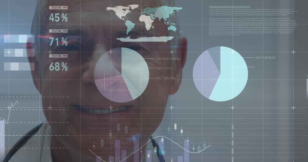 Senior Doctor with Overlay of Financial and Health Data Graphics