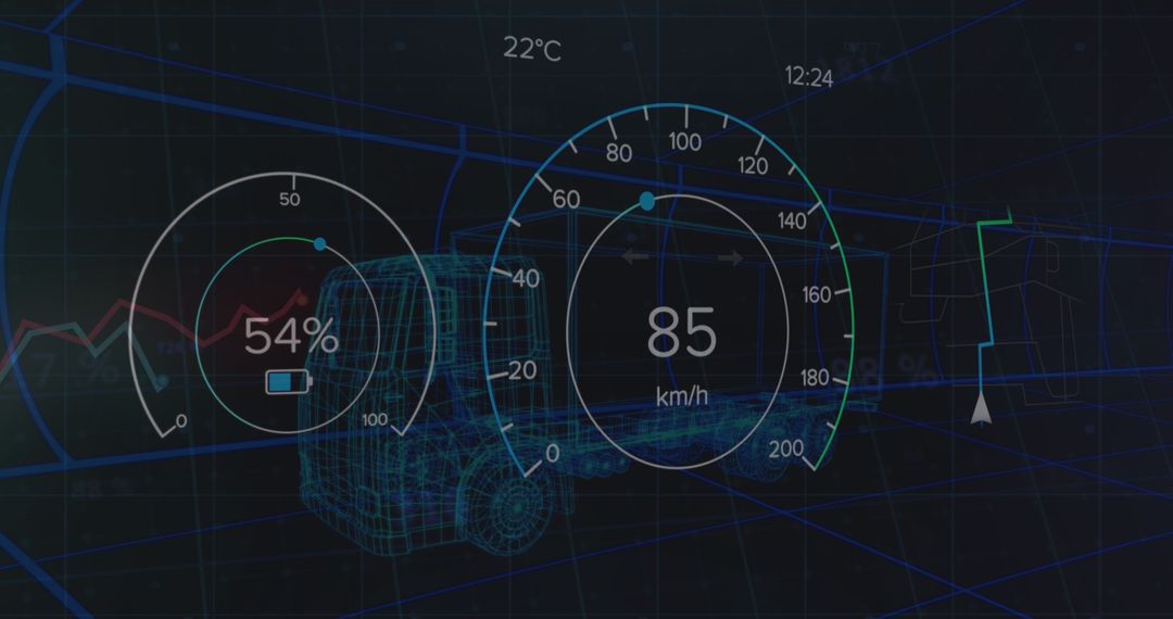 Digital Interface of Car Dashboard over Wireframe Vehicle