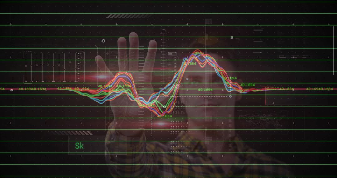 Man reaching holographic data interface with multicolor waveform peaks and green grid HUD