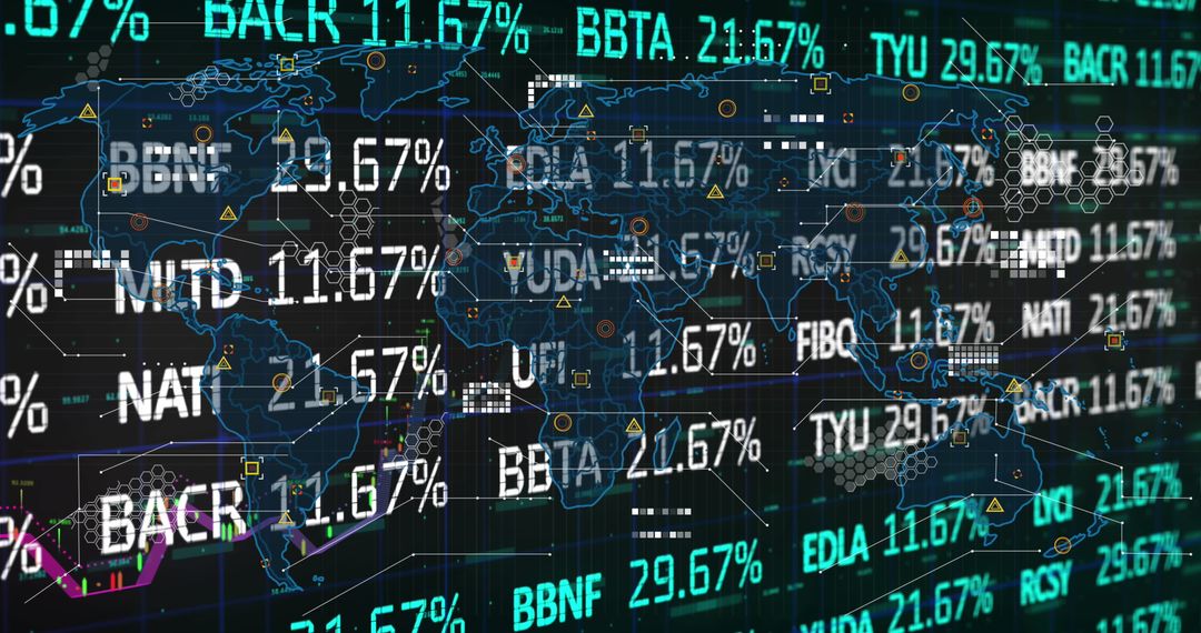 Global Financial Market Graph with Glowing Numbers on Dark Background