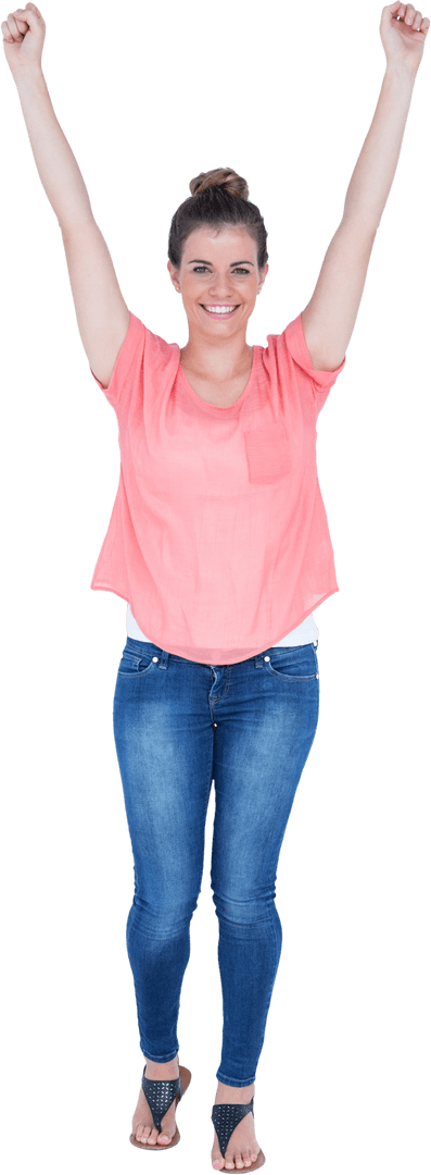 Transparent Full Length Happy Woman Celebrating with Raised Arms