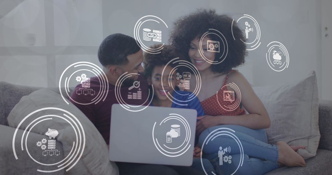 Family Using Laptop with Digital Interface Icons