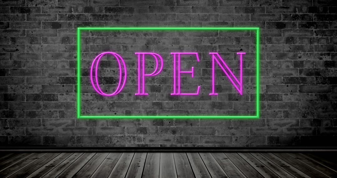 Neon Open Sign Against Brick Wall in Retail Setting