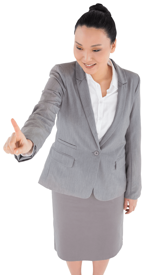 Asian Businesswoman Interacting with Virtual Screen on Transparent Display