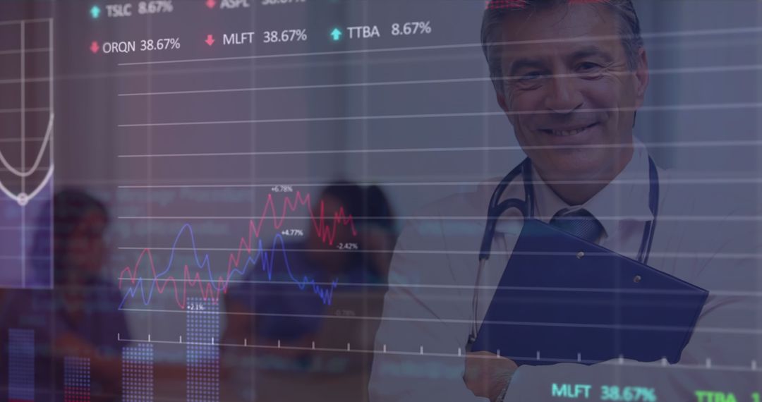Doctor Analyzing Health Data with Financial Graph Overlay