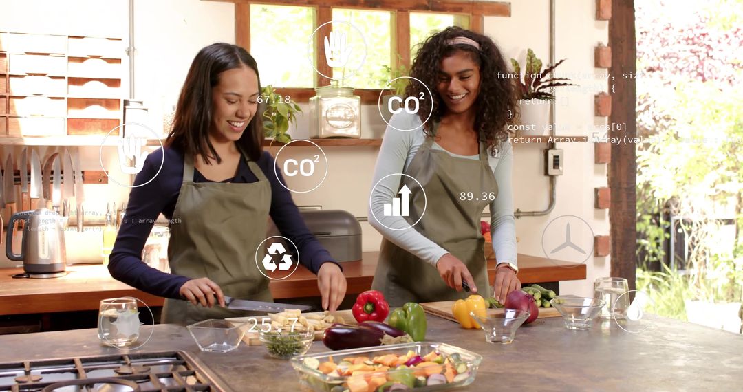 Friends Chopping Colorful Vegetables in Smart Kitchen with Sustainability Data Overlays