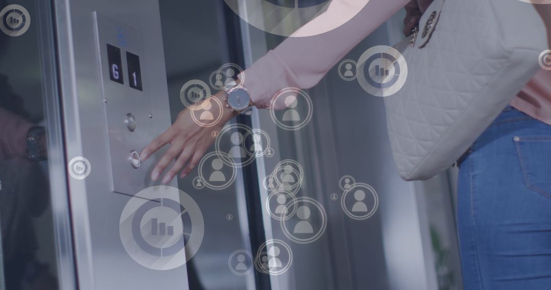 Businesswoman Accessing Fintech Data in Elevator