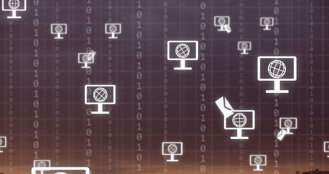 Digital Network of Globe Screens Icons Over Merger of Scenery