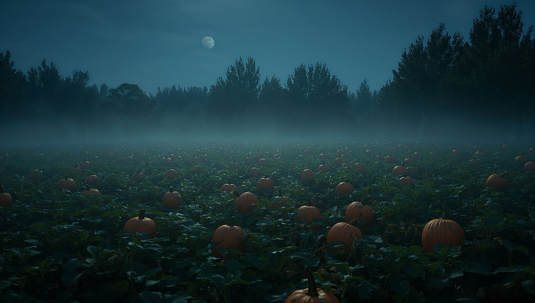 Moonlit Pumpkin Patch on Foggy Misty Field