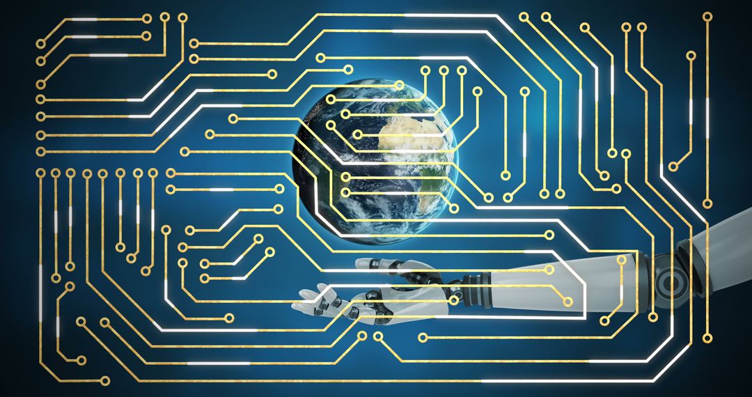 Robotic Arm Circuit Overlay on Globe Symbolizing Global Technology