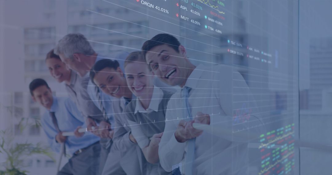 Business Team Engaged in Tug-of-War with Data Interface Overlay