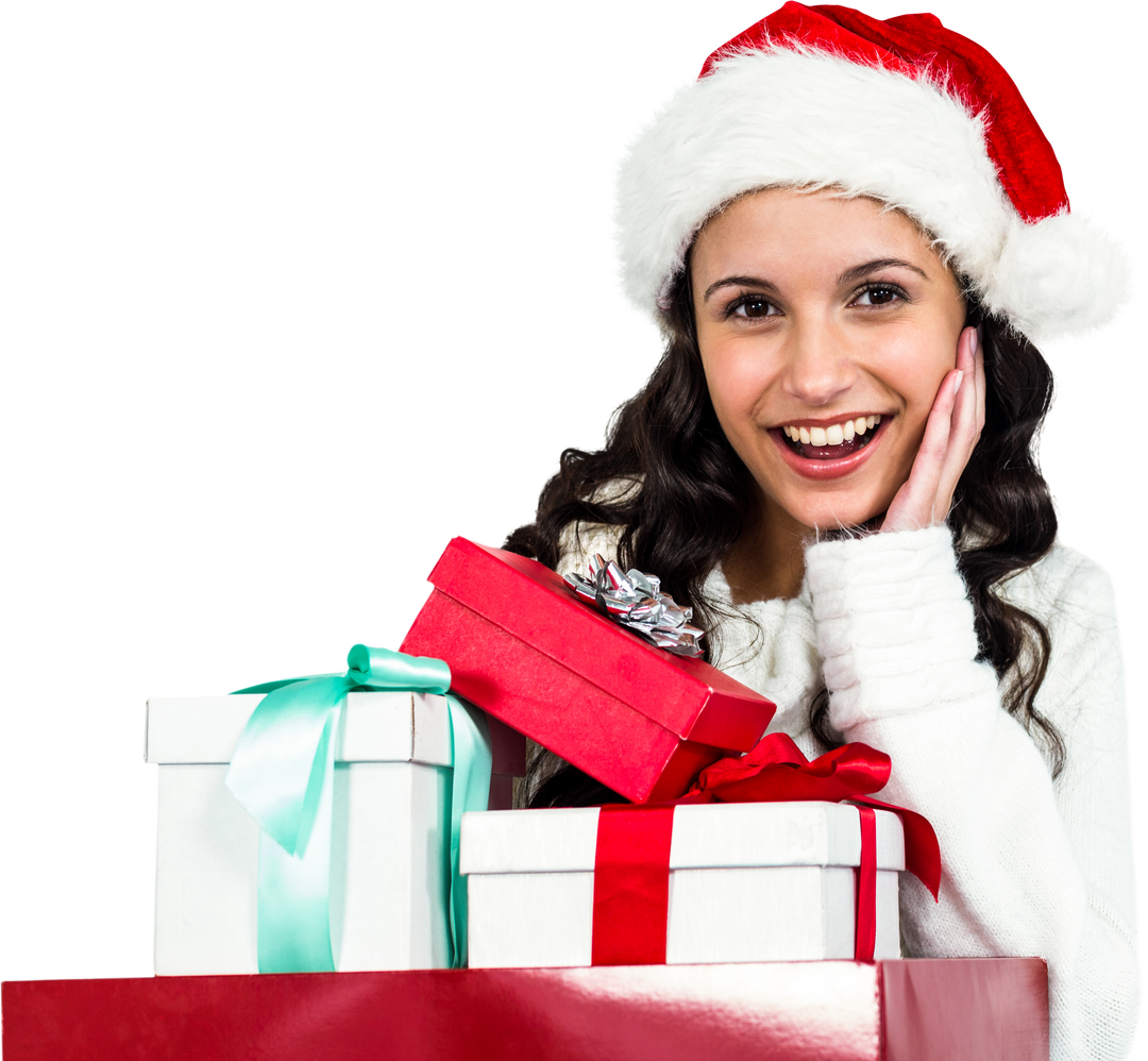 Festive Woman in Santa Hat with Colorful Wrapped Gifts on White Background Transparent - Download Free Stock Images Pikwizard.com