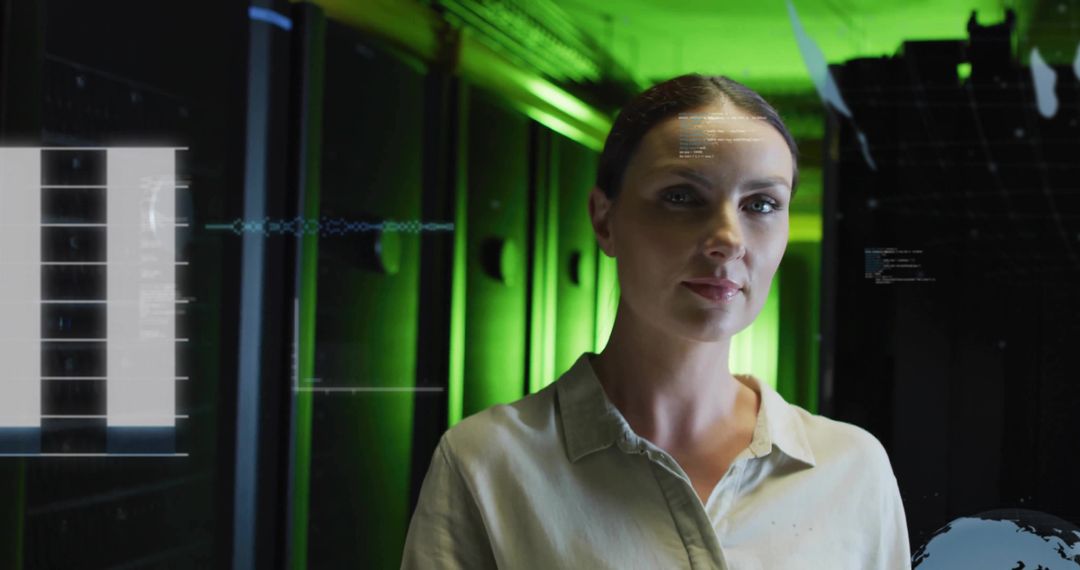 Female IT technician studying holographic HUD inside server room with green LED glow