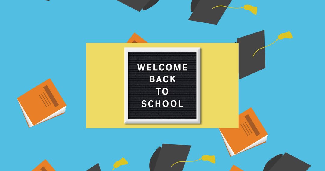 Back to School with Graduation Hats and Books Collage on Blue