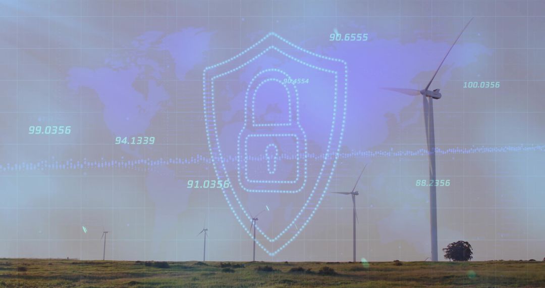Digital Security Overlay on Wind Farm with World Map