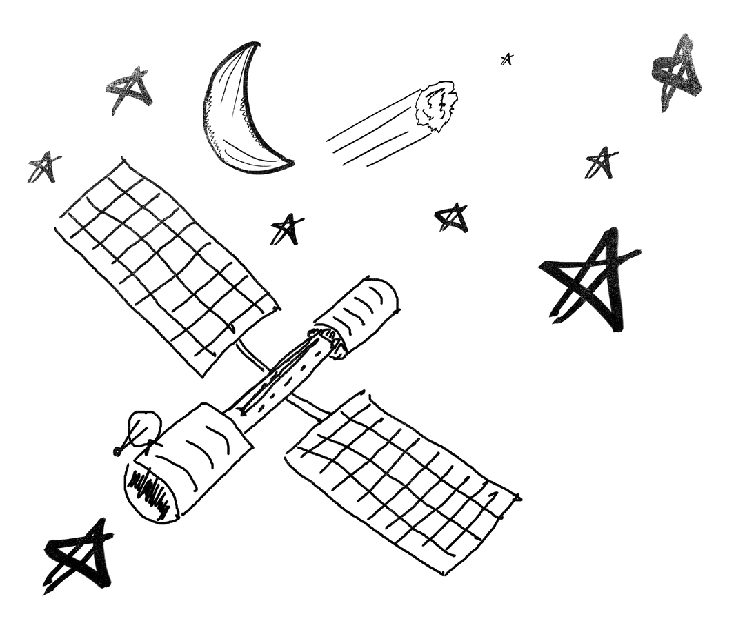 Digital Satellite Orbiting with Moon and Stars on Transparent Background