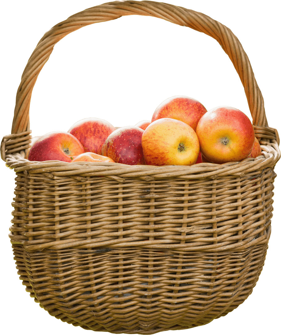 Wicker Basket with Fresh Apples on Transparent Background