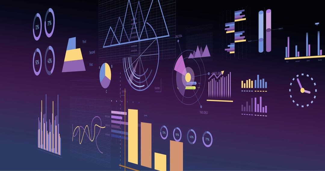 Digital Data Visualization Charts and Graphs on Purple Background
