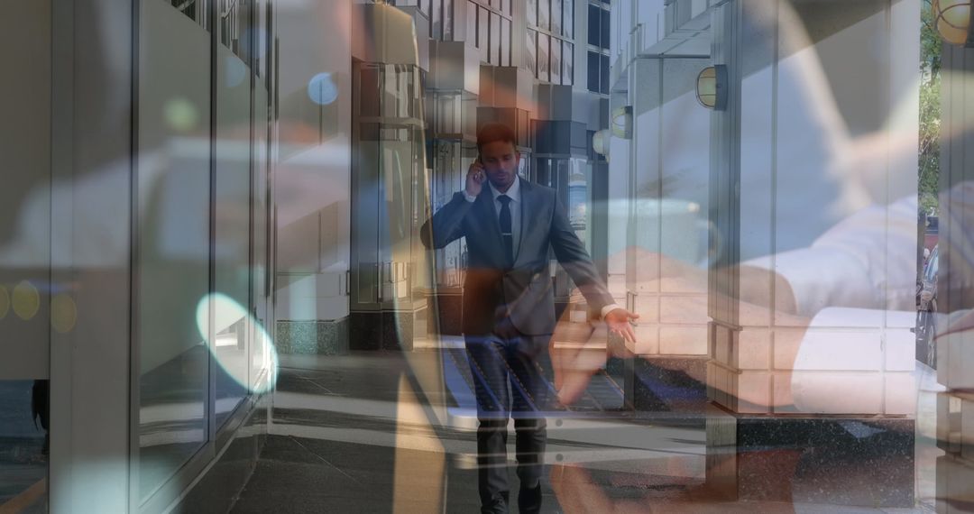 Professional Businessman on Smartphone with Technology Overlay Concept