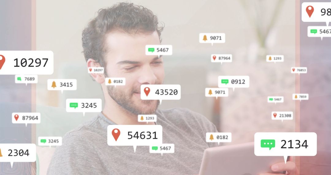 Man Reading Tablet with Floating Notification Icons