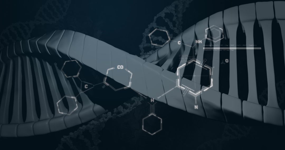 Chemical Structures Overlay on Spinning DNA Strand