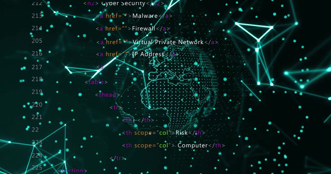 Futuristic Illustration with Code Overlaying Rotating Globe