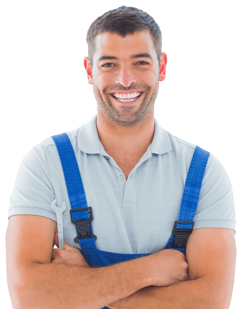 Happy Caucasian Male Worker in Blue Overalls with Transparent Background
