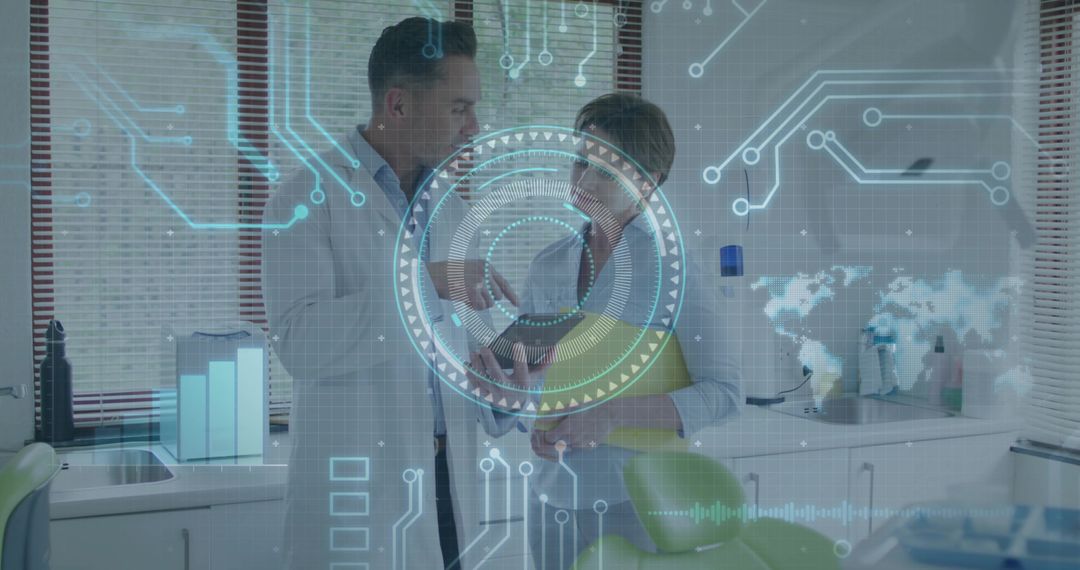 Dentists Discussing Patient Information with Futuristic Digital Interface
