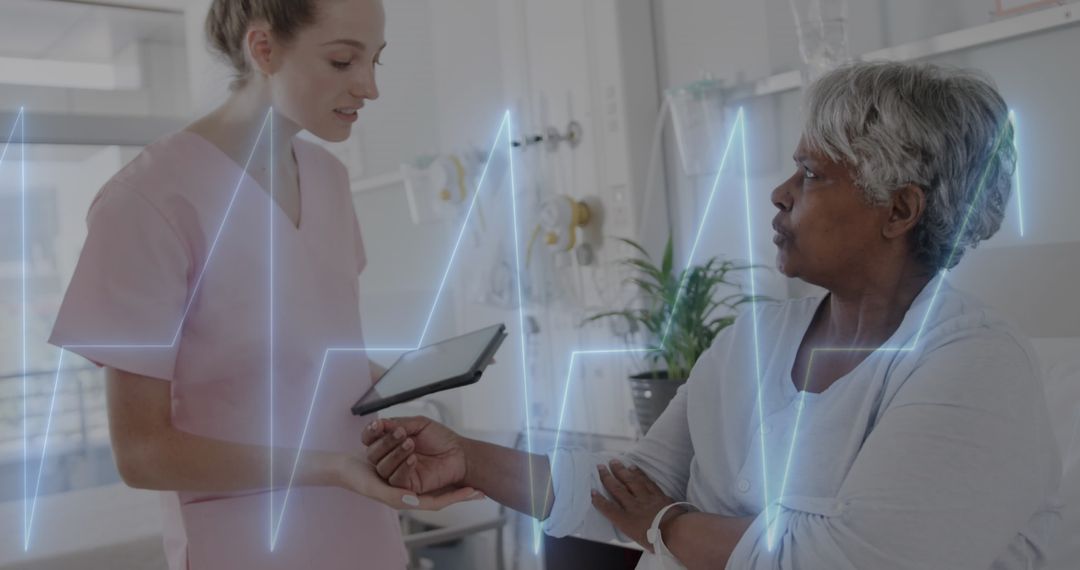 Medical Professional Monitoring Elderly Patient with Heart Rate Overlay