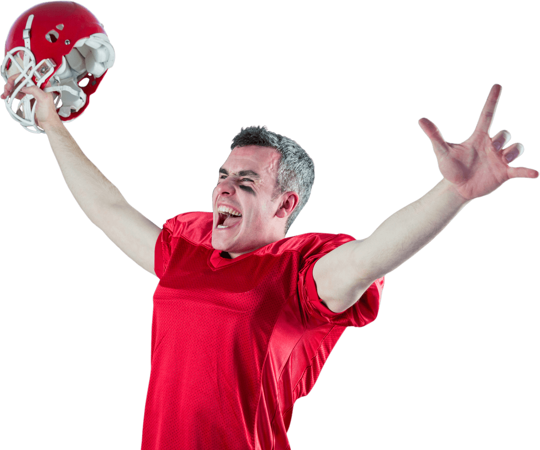 Triumphant American Football Player Celebrating with Helmet Transparent