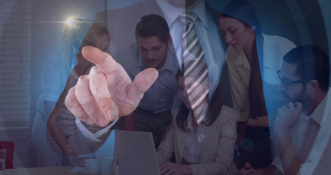 Pointing hand guiding team around laptop, professionals collaborating on strategy overlay