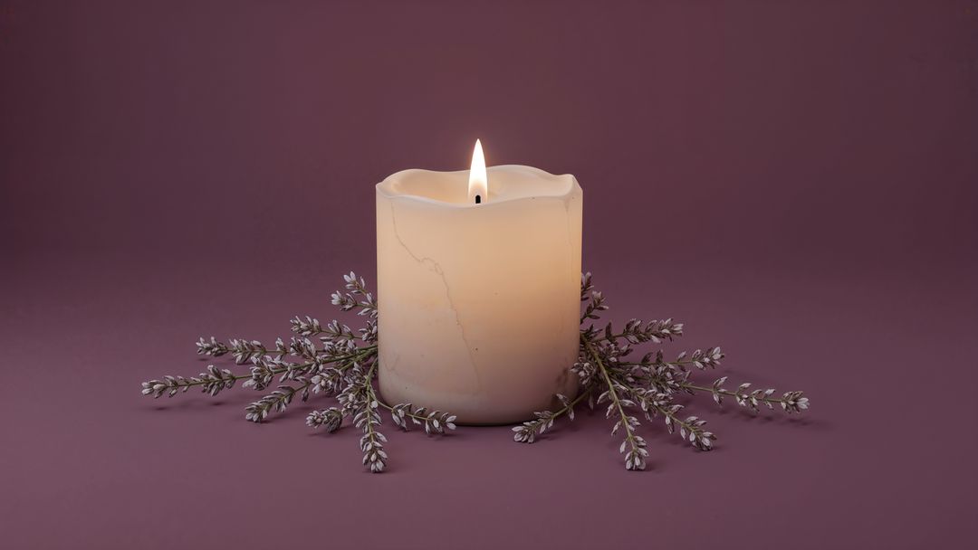Ivory Pillar Candle on Lavender Admirable Calmness