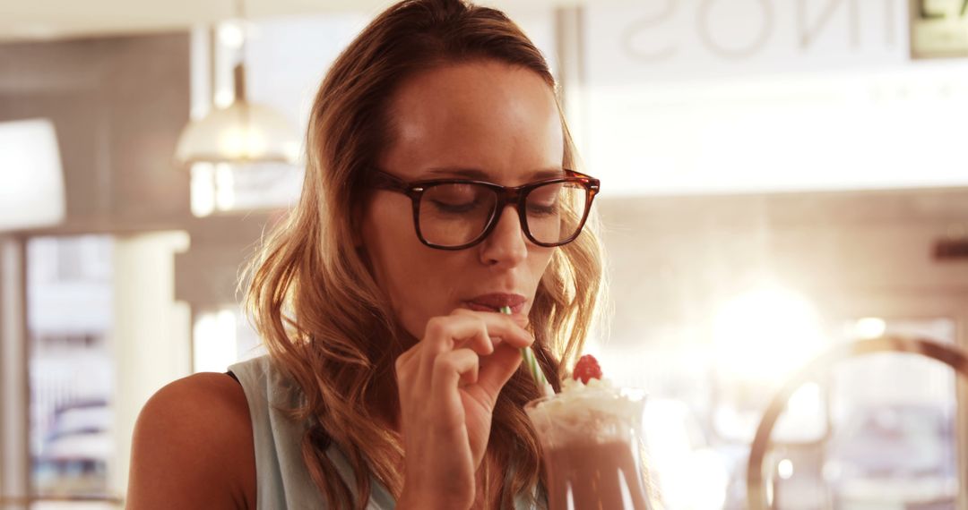 Woman Enjoying a Milkshake at a Cafe - Free Images, Stock Photos and Pictures on Pikwizard.com