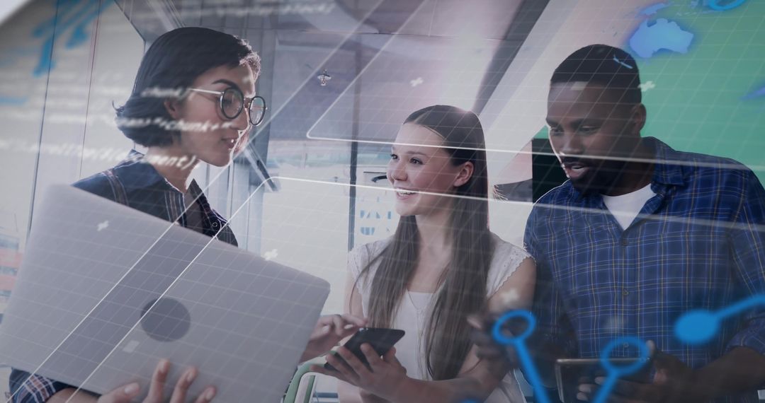 Multicultural Team Collaborating with Laptop, Tablet and Smartphone in Tech-Driven Office HUD