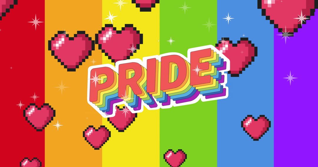 Digital Hearts and PRIDE Text on Colorful Rainbow Stripes