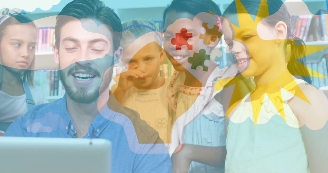 Autism Awareness Ensemble with Teacher and Children Engaging on Tablet