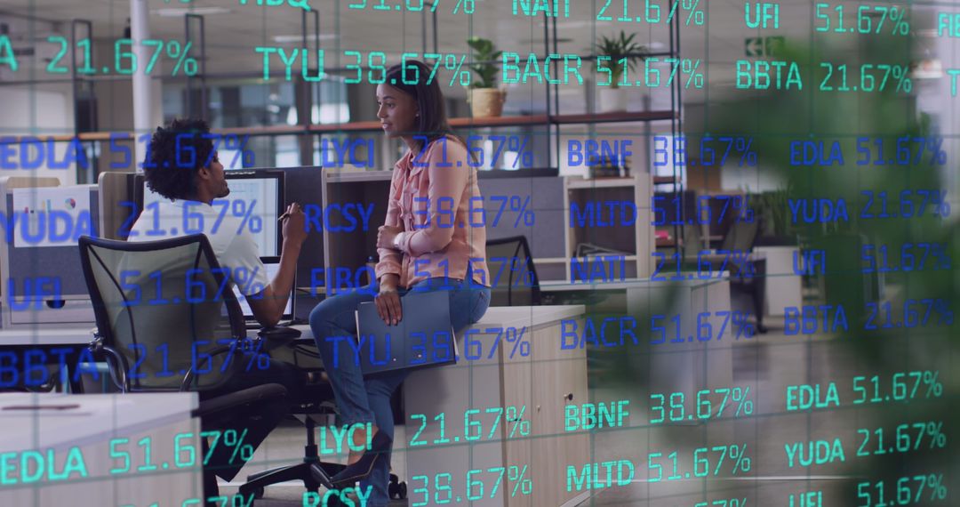 Diverse Professionals Brainstorming in Corporate Office with Data Overlay